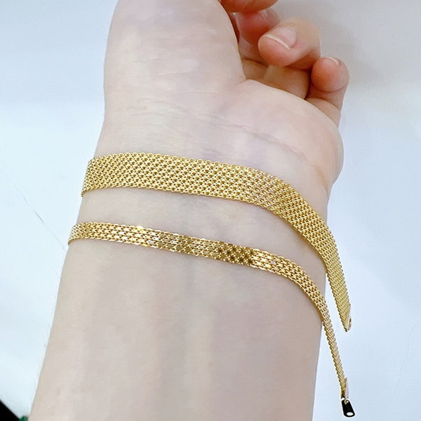 18k Real Gold Flat Mesh Woven Bracelet, 7.8mm Thick Mesh Chain Bracelet, Wide Woven Link Bracelet, Girls Fashion Wrist Jewelry Gift