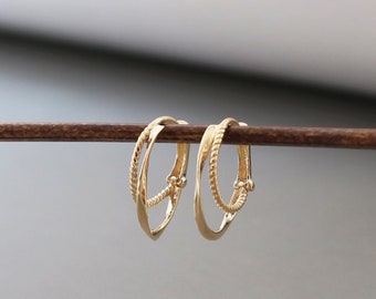 10K Real gold Double Hoop Earrings Gold ,2 Circles Earrings Huggie, Daily Wear Fashion Earring, Geometric Drop, Girls Birthday Earring Gift