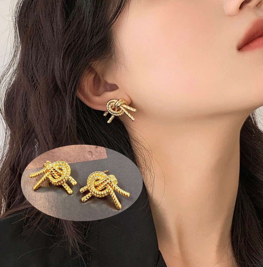 18K Real Gold Lines Knot Earrings for Women, Daily Unique Fashion ...