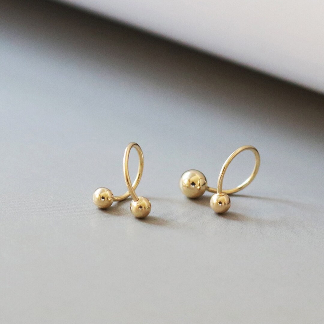 14K Gold Double Ball Earings Studs, Double Sided Round Ball Earrings