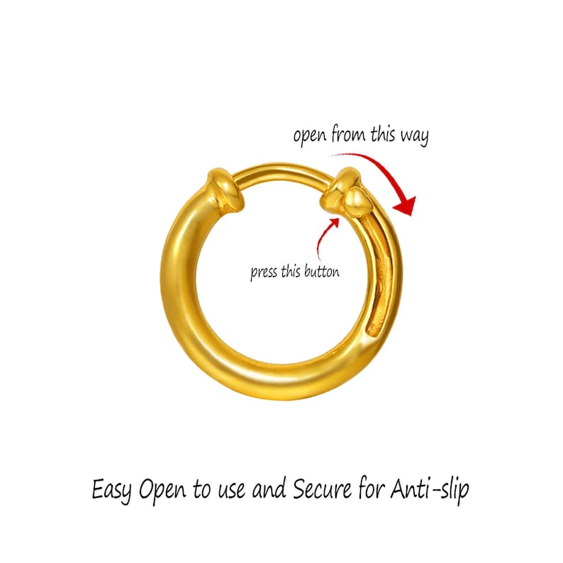 May include: A gold-colored circular hoop earring with a hinged mechanism. Text on the image reads: open from this way, press this button, and Easy Open to use and Secure for Anti-slip. A red arrow indicates the direction to open the hoop.