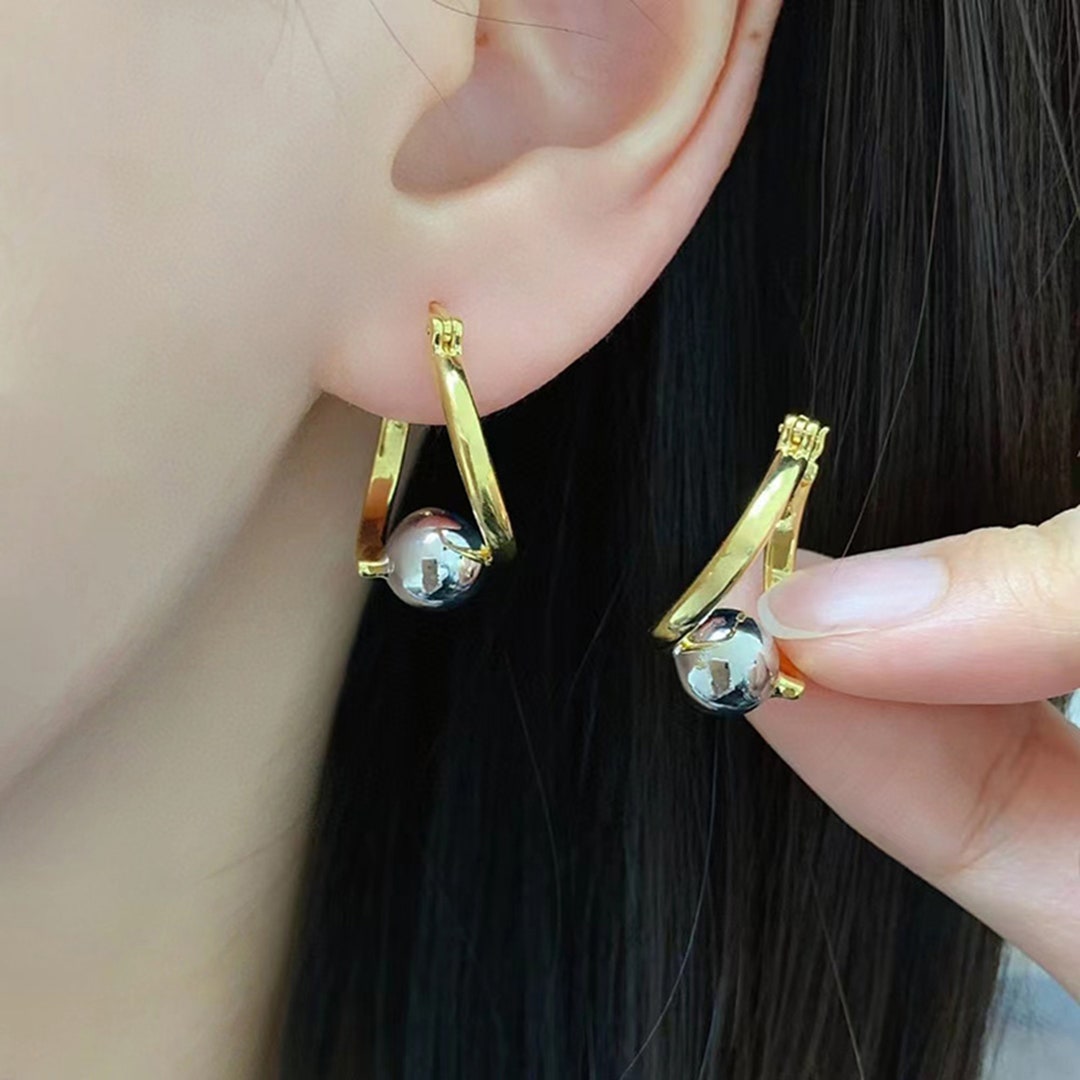 18K Real Gold 2tones Dangle Ball Earrings, Yellow Hoops With White