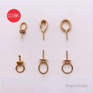 May include: Six gold-colored jewelry findings in various designs. The findings include a screw post and a loop for attaching to other jewelry components. The red circle in the upper left corner says "G18K".