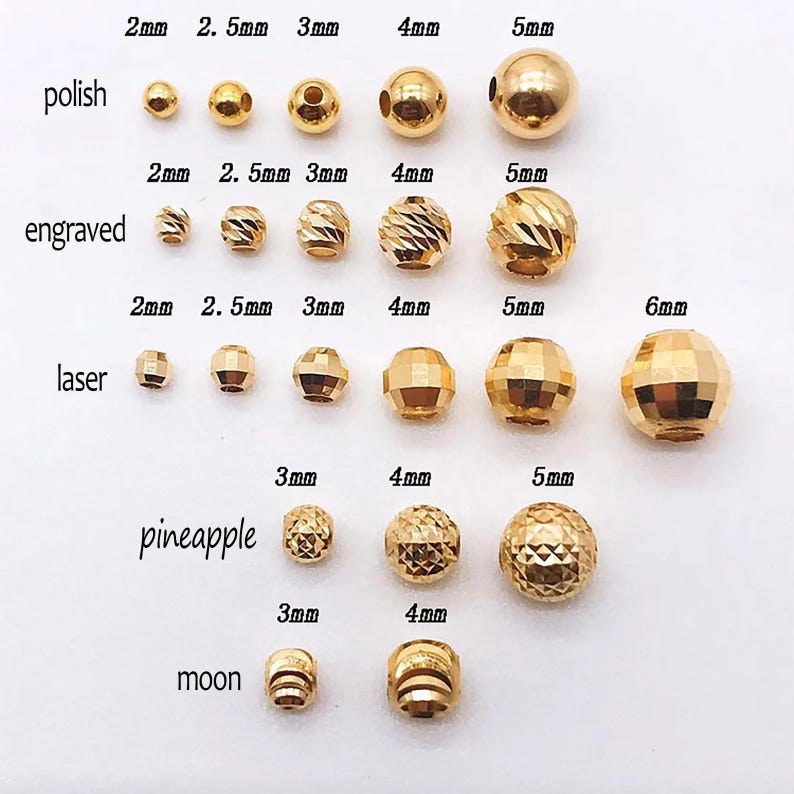 1 perle d'espacement en or massif 18 carats, perles rondes gravées en vrac, collier de bracelet en or véritable AU750, 2 mm-6 mm de bijoux à bricoler soi-même image 3