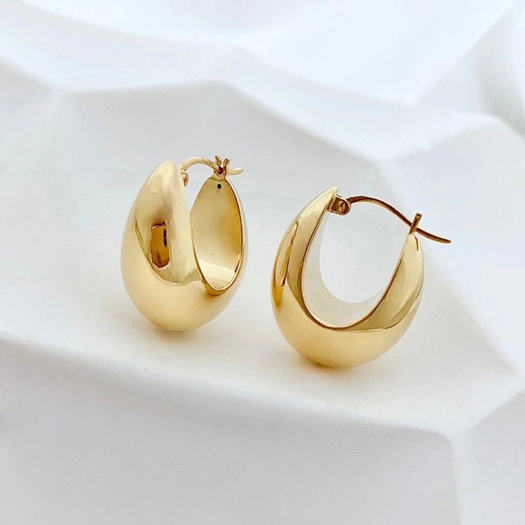 18K Real Gold Chunky Teardrop Huggie Earrings, 2023 New Trendy Women ...