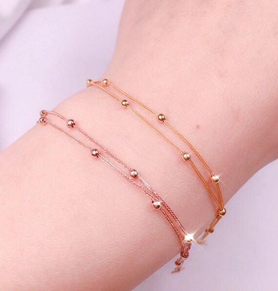 18K Gold Bracelets for Women solid Rose Gold Beads Bracelet dainty Real Gold Wheat Chain Adjustable Bracelets fine Jewelry Gift to Her mom Etsy Canada