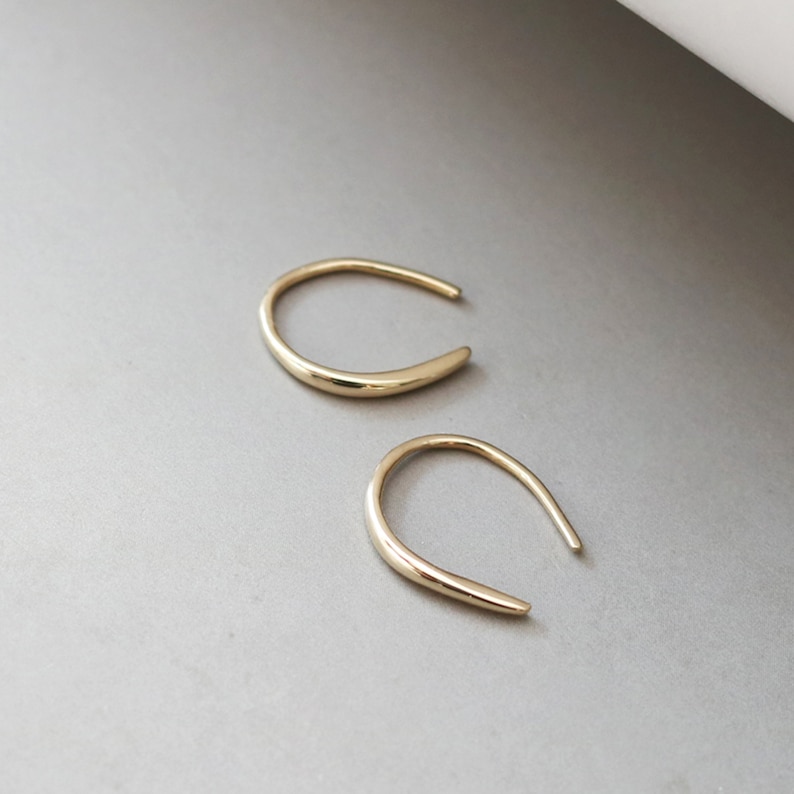 10K Solid Gold Dangle Hook Earring Women, Post Ear Piercing Earrings Gold, Minimalist Earrings Threader, Single Earrings Wire, Jewelry Gift image 3