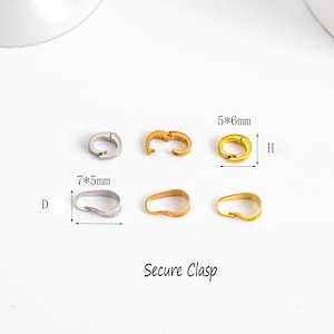 May include: An assortment of jewelry clasps in silver and gold tones. The clasps are shown in various shapes and sizes, with dimensions labeled in millimeters. The text "Secure Clasp" is displayed below the clasps.