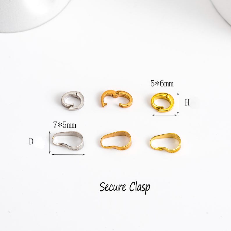 May include: An assortment of jewelry clasps in silver and gold tones. The clasps are shown in various shapes and sizes, with dimensions labeled in millimeters. The text "Secure Clasp" is displayed below the clasps.