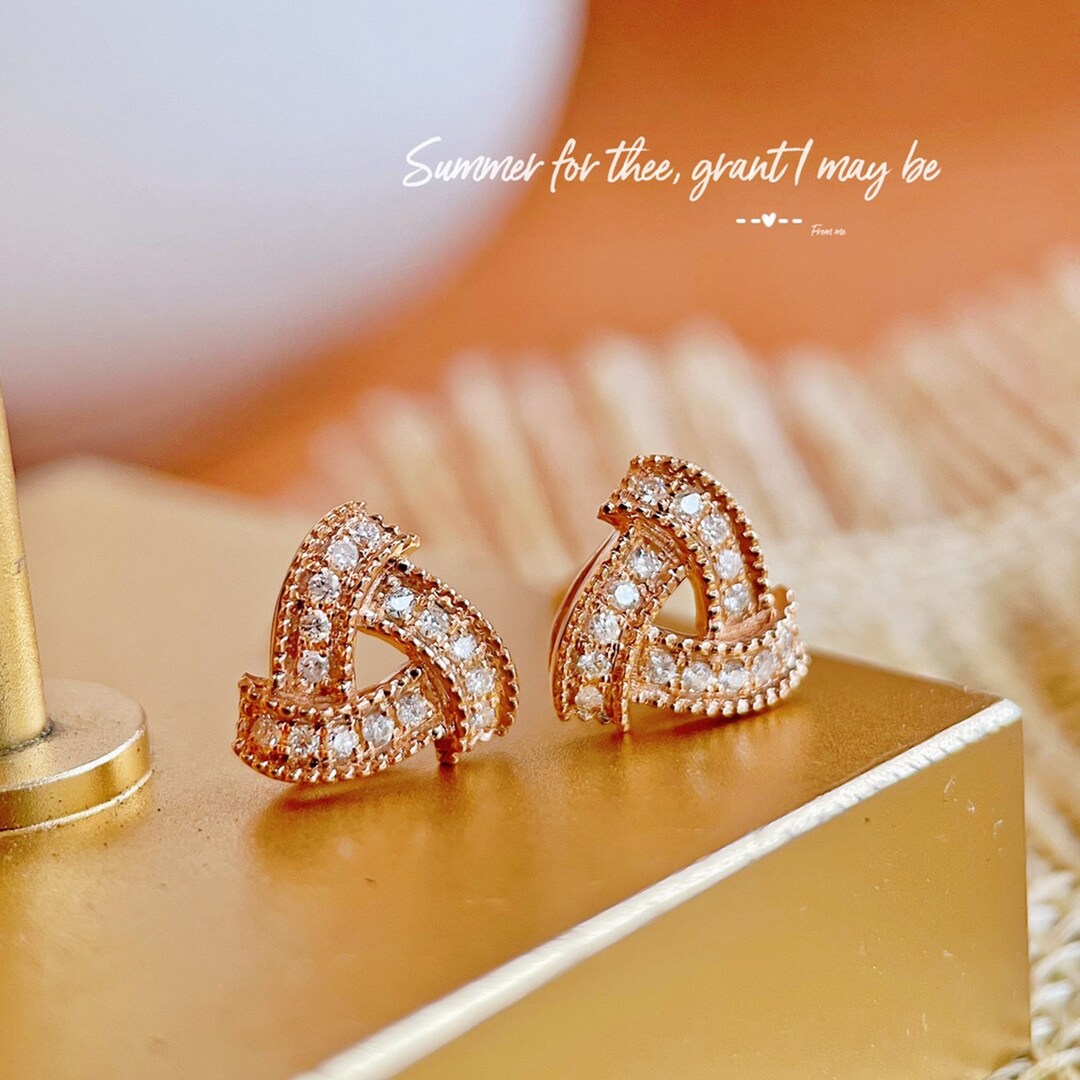 18K Diamond Knot Triangle Earring Studs, Dainty Rose Gold Studs 18K