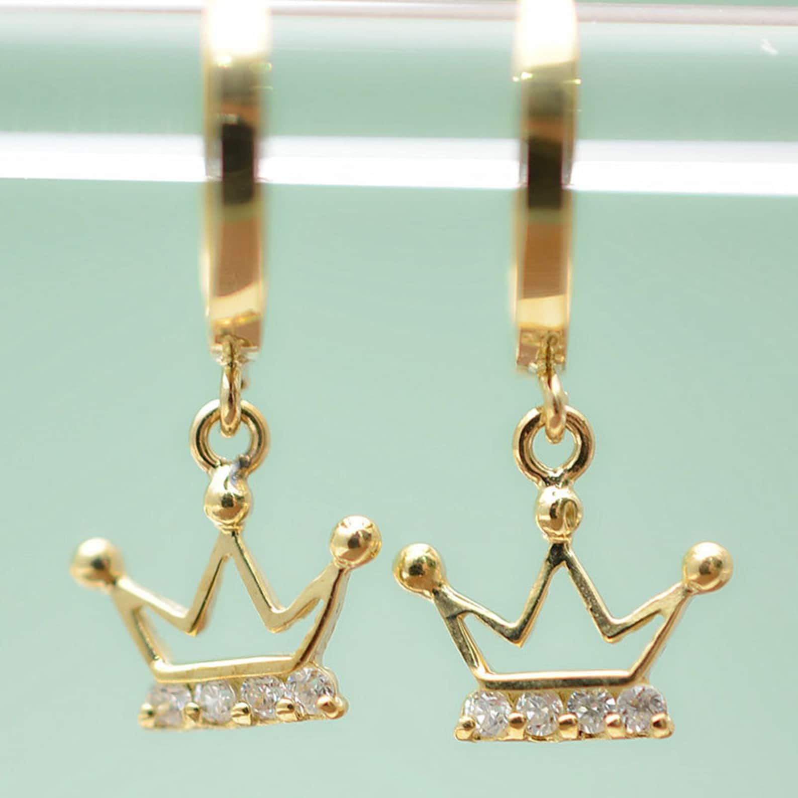 10K Solid Gold Crown Dangle Earring Womenreal Gold Dangle Etsy