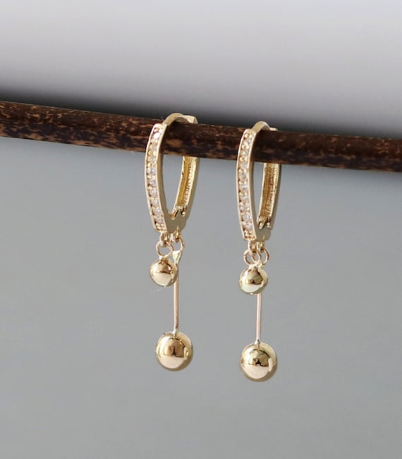 10K Gold Long Drop Ball Earrings for Women Dainty Hoops With - Etsy