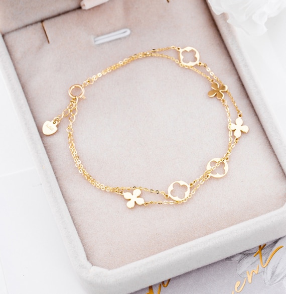 Double Layer Bracelet Gold for Women, Charm Bracelets,14k Real Gold Flower  Bracelet, Minimalist, Birthday Delicate Jewelry Gift to Her 