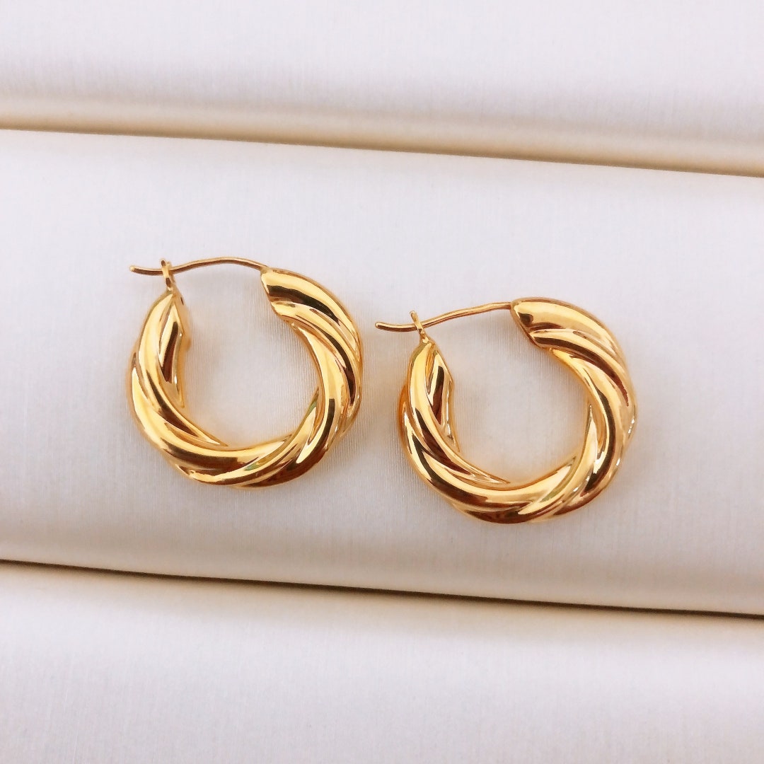 18K Solid Yellow Gold Twist Hoop Earrings, Hollow Ropes Hoops, Fashion ...