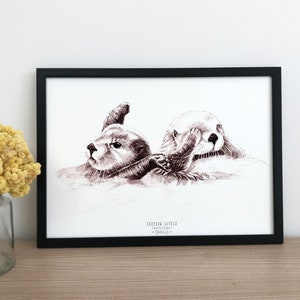 OTTER - poster decorativo, idea regalo, lontra marina, illustrazione con inchiostro di china, stampa d'arte, poster naturalista