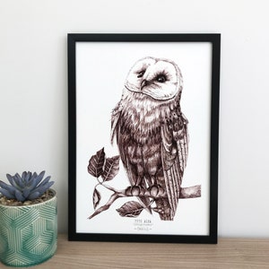 BÚHO - cartel decorativo, pájaro, ilustración en tinta china, idea de regalo, impresión de arte