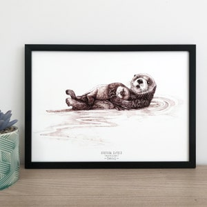 NUTRIA 2 - cartel decorativo, ilustración en tinta china, nutria marina, animales marinos, cartel naturalista, lámina