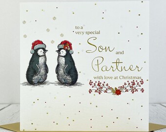 Son & Partner Penguins Christmas Card, Daughter +Partner, Both of You, Personalised Christmas Card, Customise, FREE Personalisation
