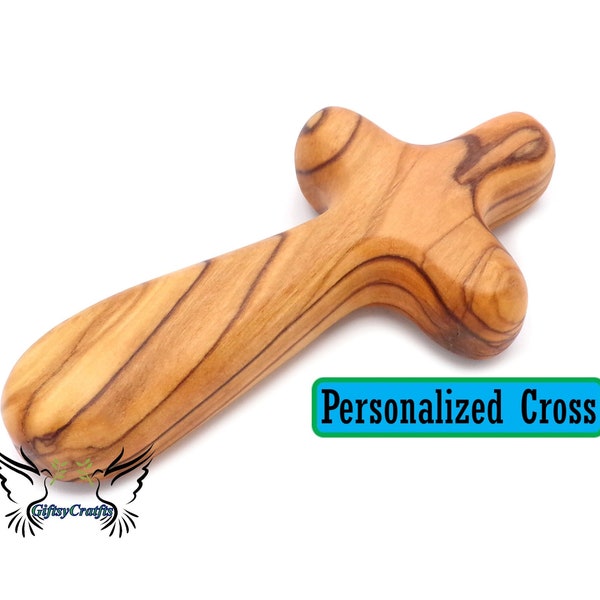 Personalized Olive Wood Comfort cross. Prayer cross. Handheld palm praying cross. Customized Wooden Holding Pocket Cross from the Holy Land.