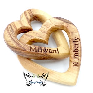 Personalized Interlocking Hearts. 5th Anniversary Gift for Her Him olive wood Wooden Hearts Engagement, Wedding, valentines gift. wife Love