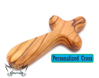 Personalized Olive Wood Comfort cross. Prayer cross. Handheld palm praying cross. Customized Wooden Holding Pocket Cross from the Holy Land.
