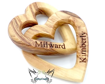 Personalized Interlocking Hearts. 5th Anniversary Gift for Her Him olive wood Wooden Hearts Engagement, Wedding, valentines gift. wife Love