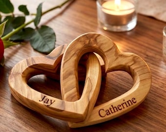 Personalized Interlocking Hearts. 5th Anniversary Gift for Her Him olive wood Wooden Hearts Engagement, Wedding, valentines gift. wife Love