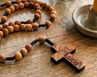 Personalized Olive Wood Rosary, Custom Name Catholic Prayer Beads, First Communion Confirmation Gift for Boys Girls, Baptism, Mother’s Day