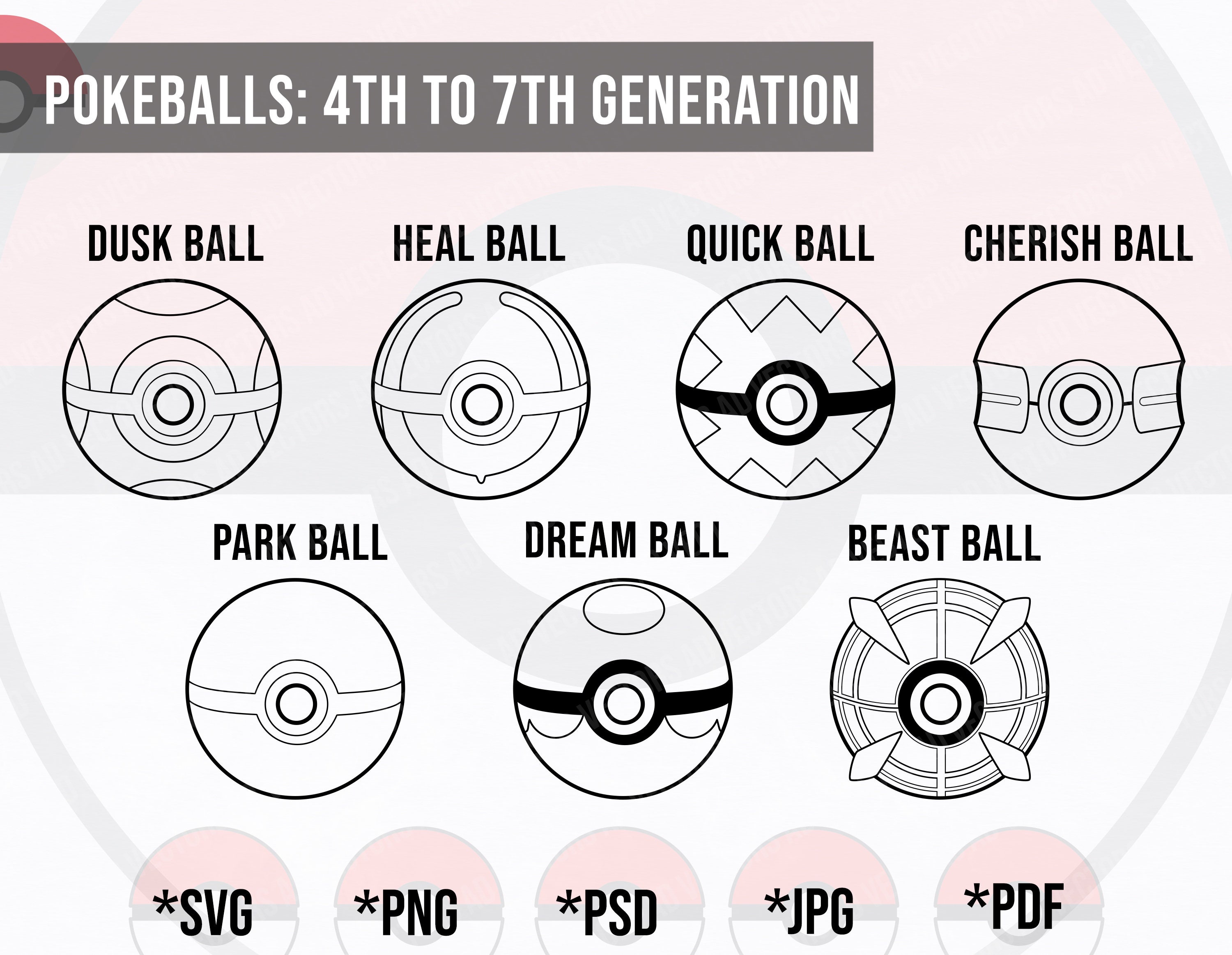 Pokemon: Pokeball 4th to 7th Generation Outline Bundle SVG | Etsy