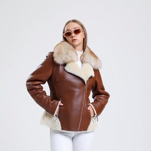 Brown Leather Coat for Women Sheepskin Genuine Leather Jacket with Stylish Design