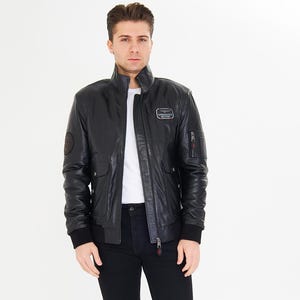 Heren Zwarte Leren Jas, Echt Lamsleer Jas Met Rits, Hoge Kraag, Patch Detail, 6 Zakken, Handgemaakte 28" Jas