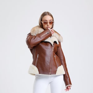 Women Moto Brown Leather Jacket, Fox Fur Collar Jacket, with Belt Leather Jacket, Vintage Jacket Sheepskin Brown Genuine Leather Premium