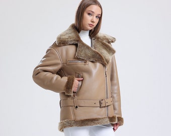 Manteau femme oversized shearling caramel avec ceinture