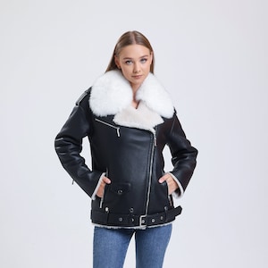Women Moto Black Leather Jacket, Fox Fur Collar Jacket, with Belt Leather Jacket, Vintage Jacket Sheepskin Black Genuine Leather Premium
