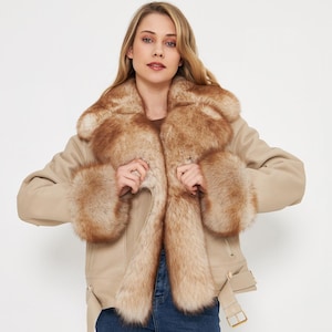 Women’s Beige Shearling Coat – Real Lambskin Leather with Fox Fur Trim – Belted Winter Jacket 62 cm