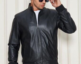 Mens Long Sleeve Stand Collar Leather Fleece Lined Zip Warm