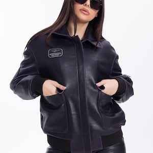 Paarse Vintage Leren Bomberjas voor Dames, Echt Schapenleren Geïsoleerde Pilotjas met Rits, Handgemaakte Premium Jas