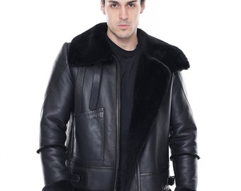 Chaqueta Negra De Shearling Para Hombre, Abrigo De Invierno De Piel De Oveja, Chaqueta Oversize De Cuero Con Cremallera Y Cuello Ancho