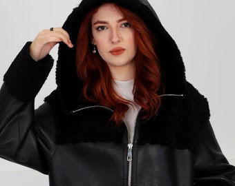 Manteau femme long en shearling avec capuche, véritable peau de mouton