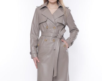 Women's Long Leather Trench Coat, with Belt Jacket, Beige Trench Coat for Ladies, Genuine Leather Long Jacket, Beige Overcoat