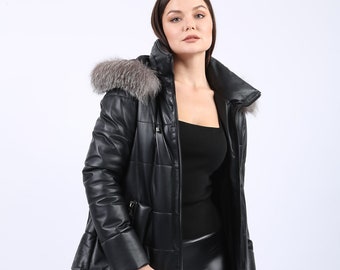 Chaqueta acolchada de piel de cordero con capucha y piel de zorro para mujer, chaqueta vintage para mujer, abrigo de piel, regalo para el Día de la Madre, regalo para la hermana, piel de zorro