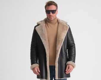 Casaco Masculino Longo Preto Biker Shearling, Casaco De Inverno Em Pele De Carneiro, Interior Claro, Casaco De Couro Com Botões