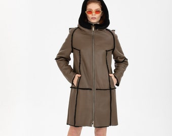 Women's Genuine Leather Coat, Brown Fur Hooded Long Jacket, Luxury Winter Coat - 113422