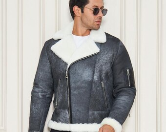 Men’s Grey Shearling Coat – Vintage Effect Lambskin Jacket with White Fur – Real Leather Winter Coat 74 cm