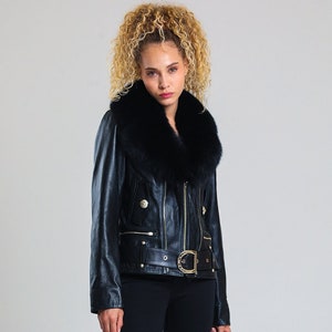 Women Moto Black Leather Jacket, Fox Fur Collar Jacket, with Belt Leather Jacket, Vintage Jacket Sheepskin Black Genuine Leather Premium