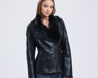 Black Genuine Leather Trench Coat with Tuscan Collar - Women's Leather Jacket Sheepskin Overcoat