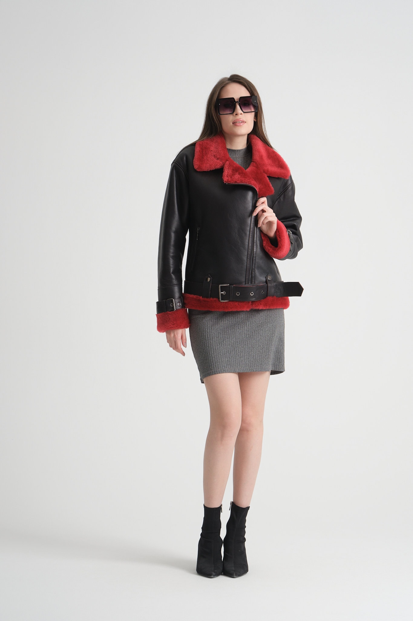 Genuine Shearling Leather Jacket, Red Fur Collar, Belted, 25.6