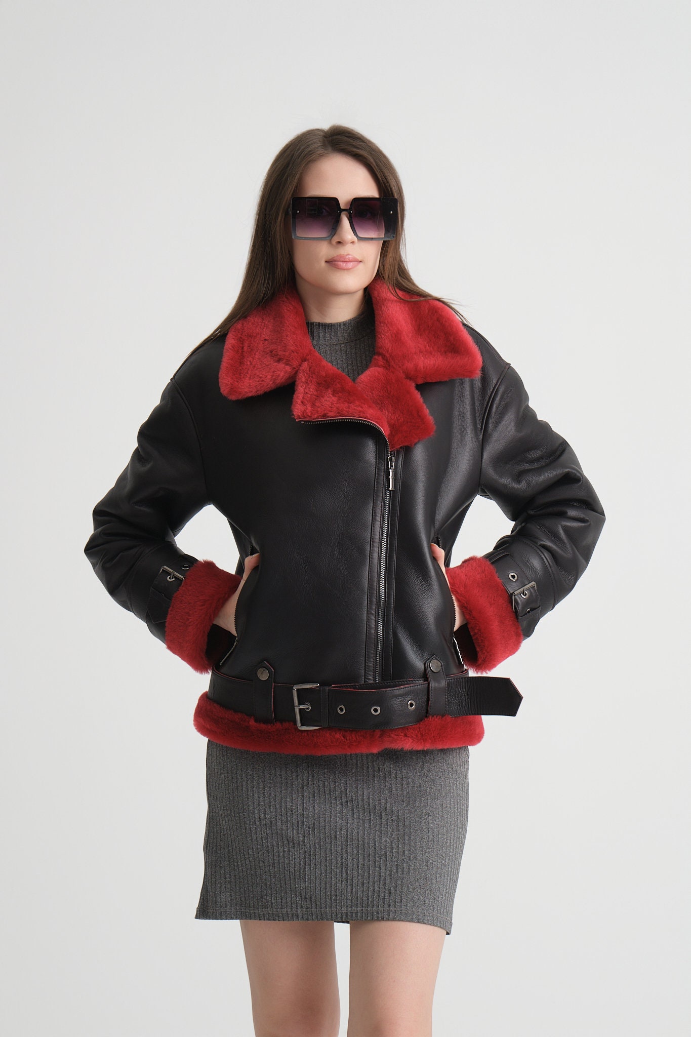 半額ストア Genuine Shearling Leather Jacket, Red Fur Collar, Belted ジャケット・アウター