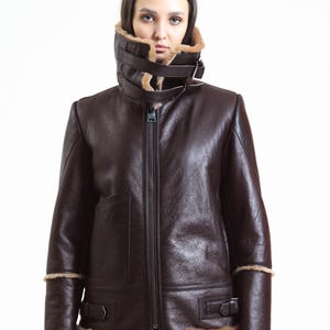 May include: A brown leather jacket with a high collar and a zipper closure. The jacket features a shearling lining visible at the collar, cuffs, and hem. The jacket has a classic aviator style.