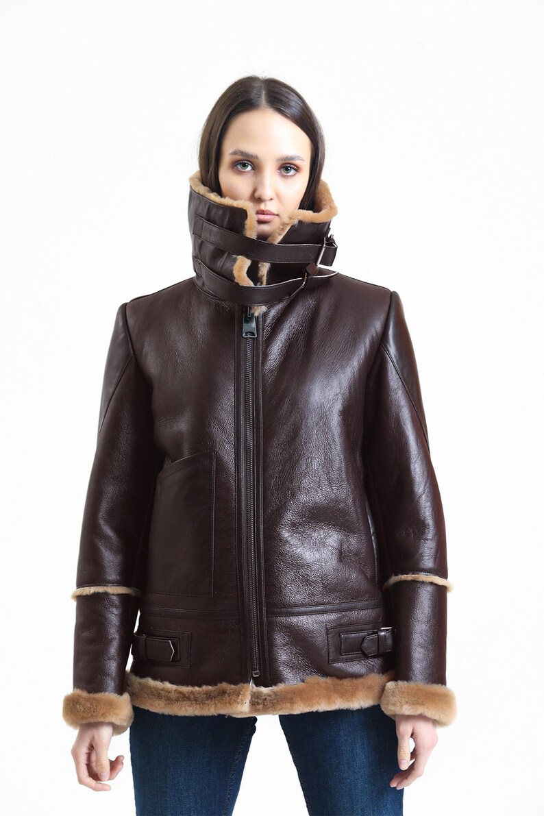May include: A brown leather jacket with a high collar and a zipper closure. The jacket features a shearling lining visible at the collar, cuffs, and hem. The jacket has a classic aviator style.